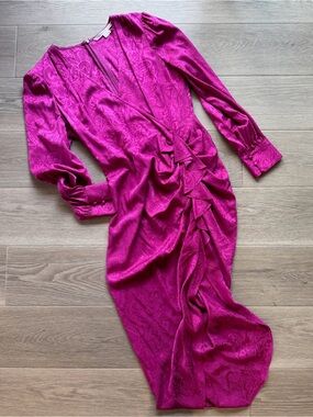 Veronica Beard Fuchsia Ruched Long Sleeve Midi Dress